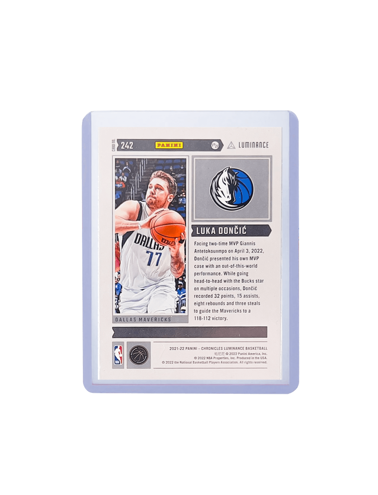 Luka Doncic Dallas Mavericks Panini NBA 21-22 Luminance 242 Base Card