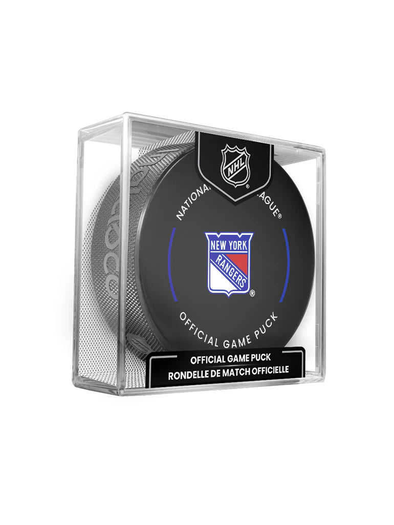 New York Rangers Inglasco NHL 24-25 Official Game Puck In Cube