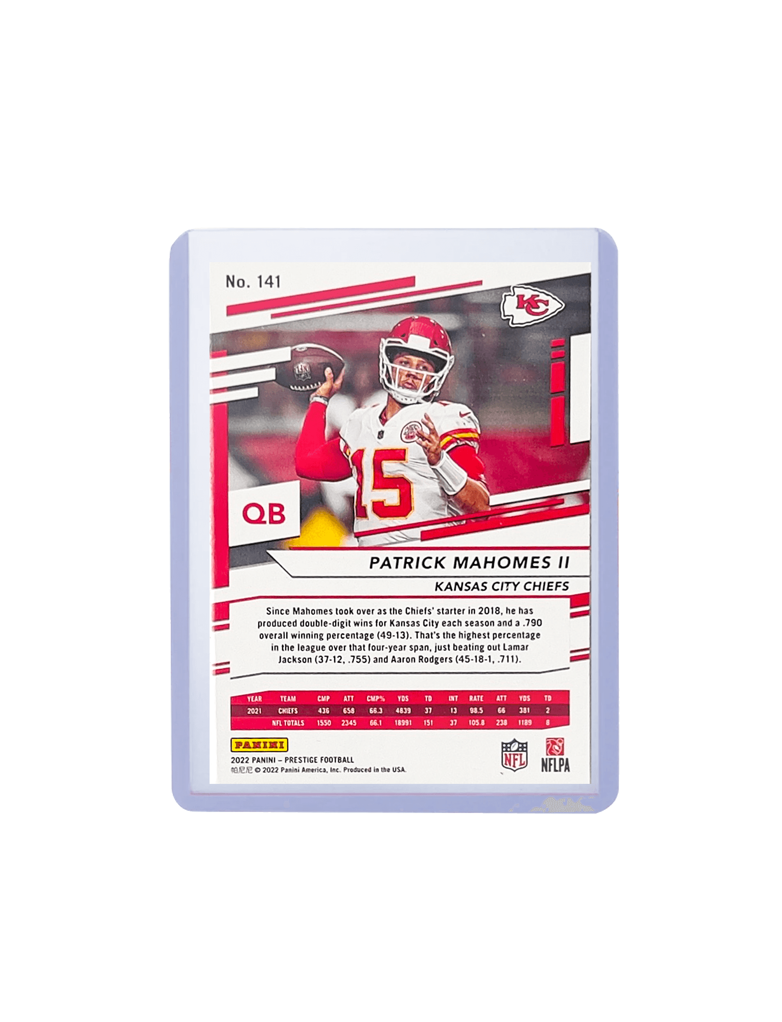 Patrick Mahomes Kansas City Chiefs Panini NFL 22 Prestige Base 141 Card