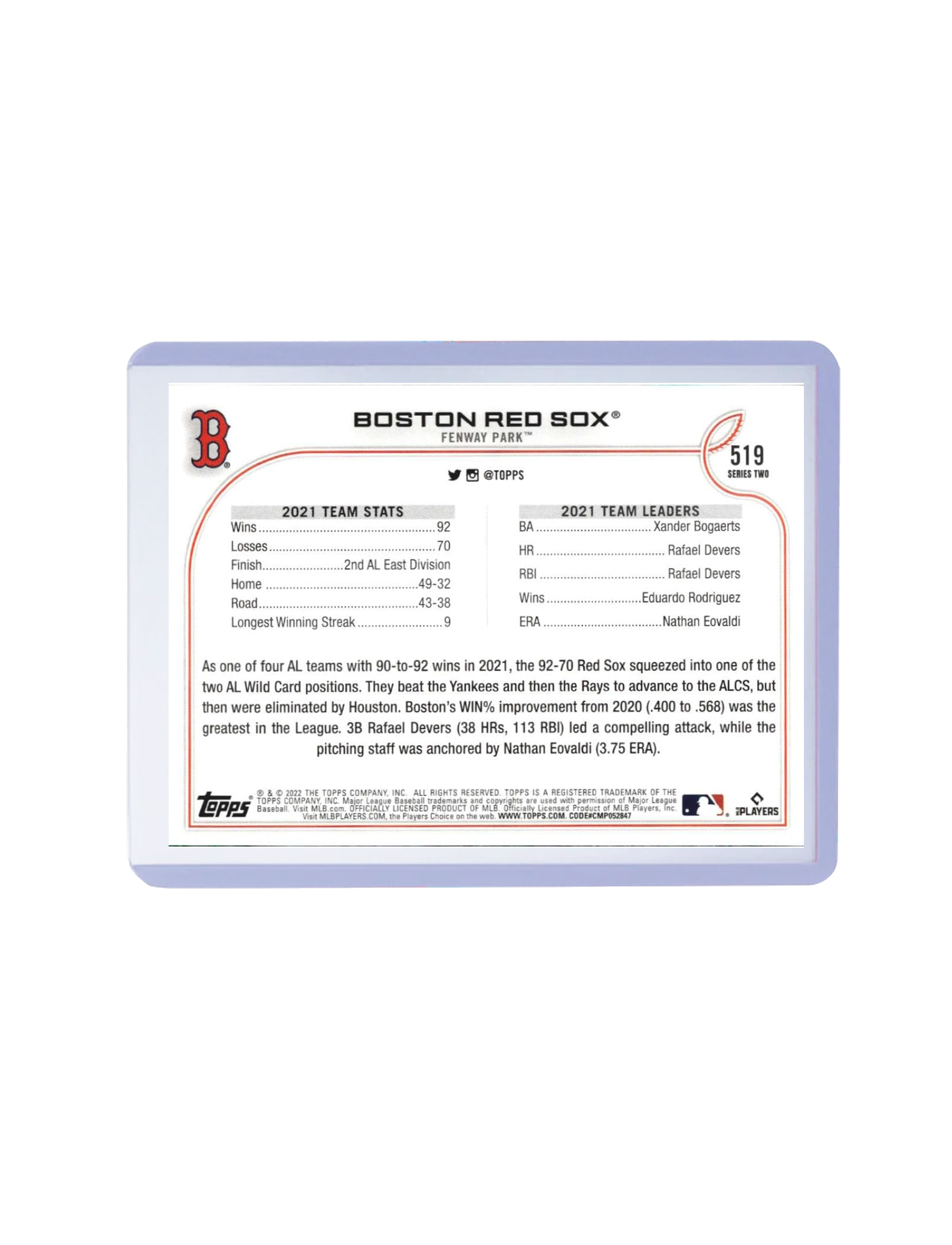 Boston Red Sox Topps MLB Series 2 22 Team Card