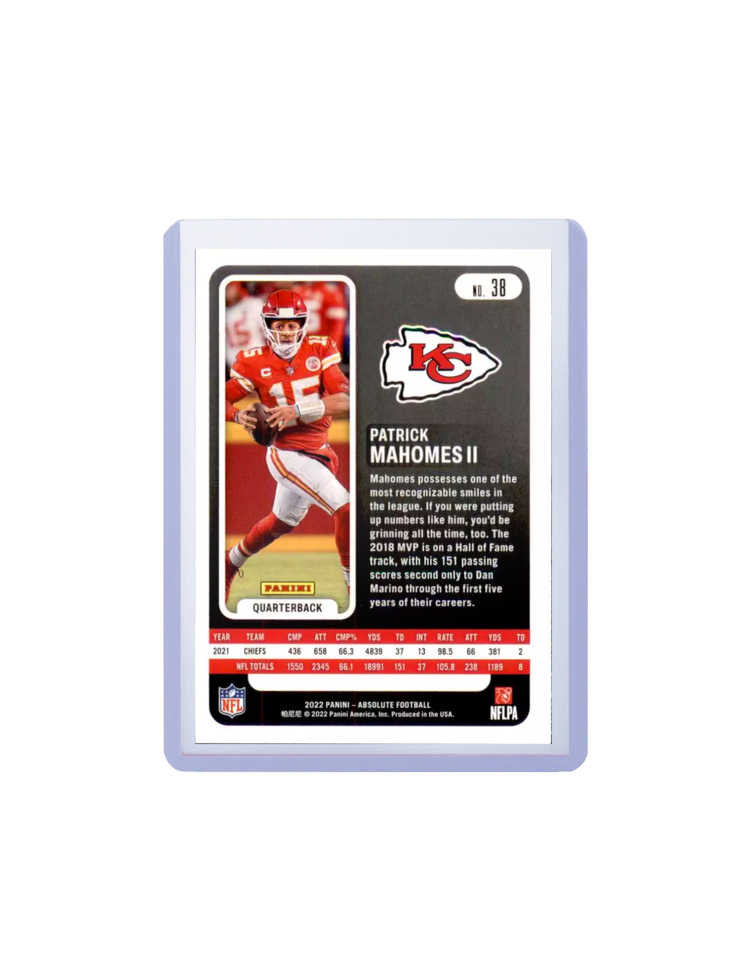 Patrick Mahomes Kansas City Chiefs Panini NFL 22 Absolute 38 Base Card