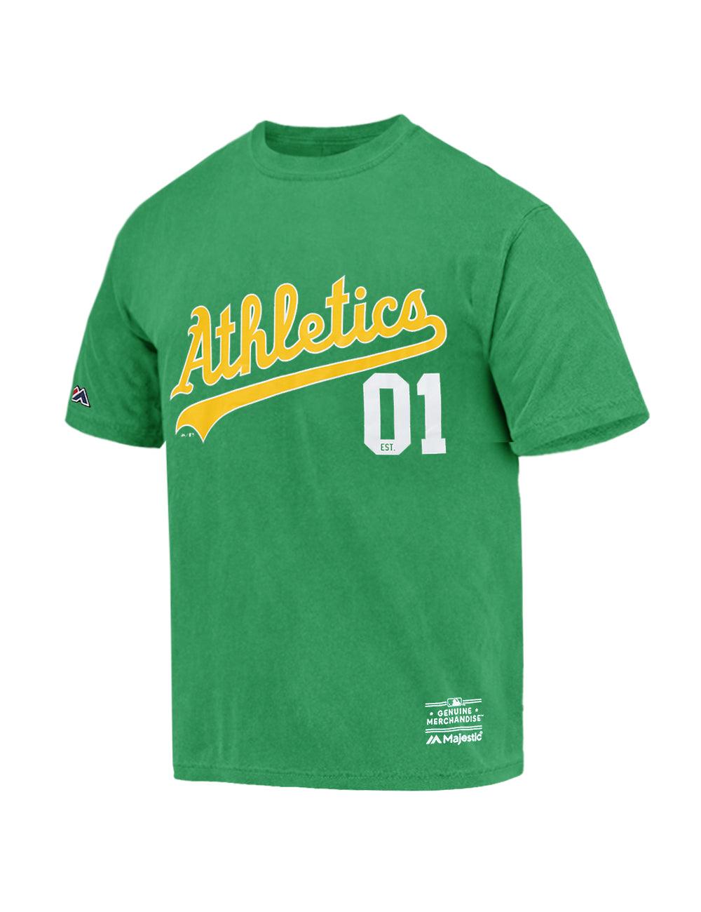 Oakland Athletics Majestic MLB Script Number Vintage T-Shirt - Faded Green