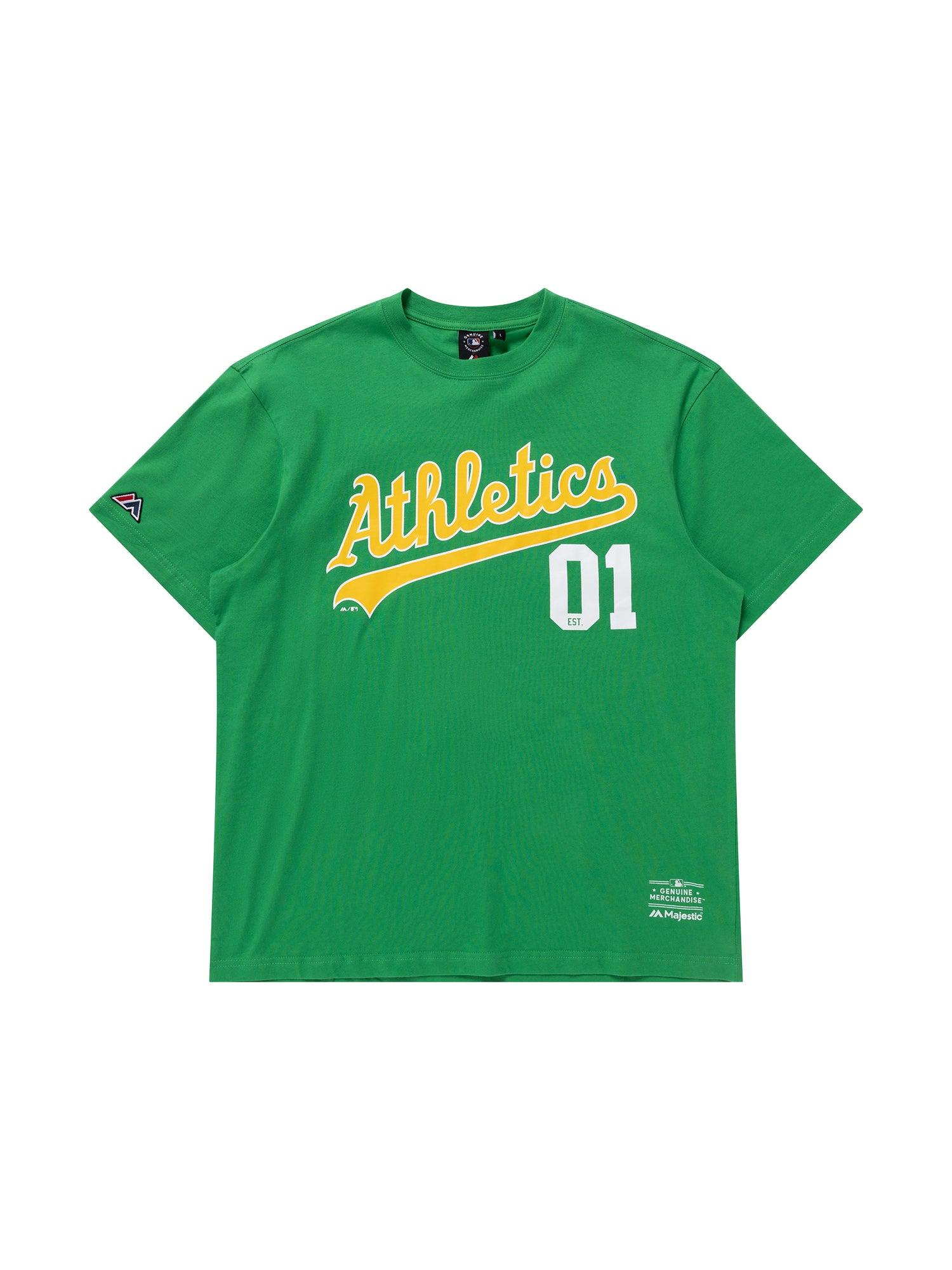 Oakland Athletics Majestic MLB Script Number Vintage T-Shirt - Faded Green