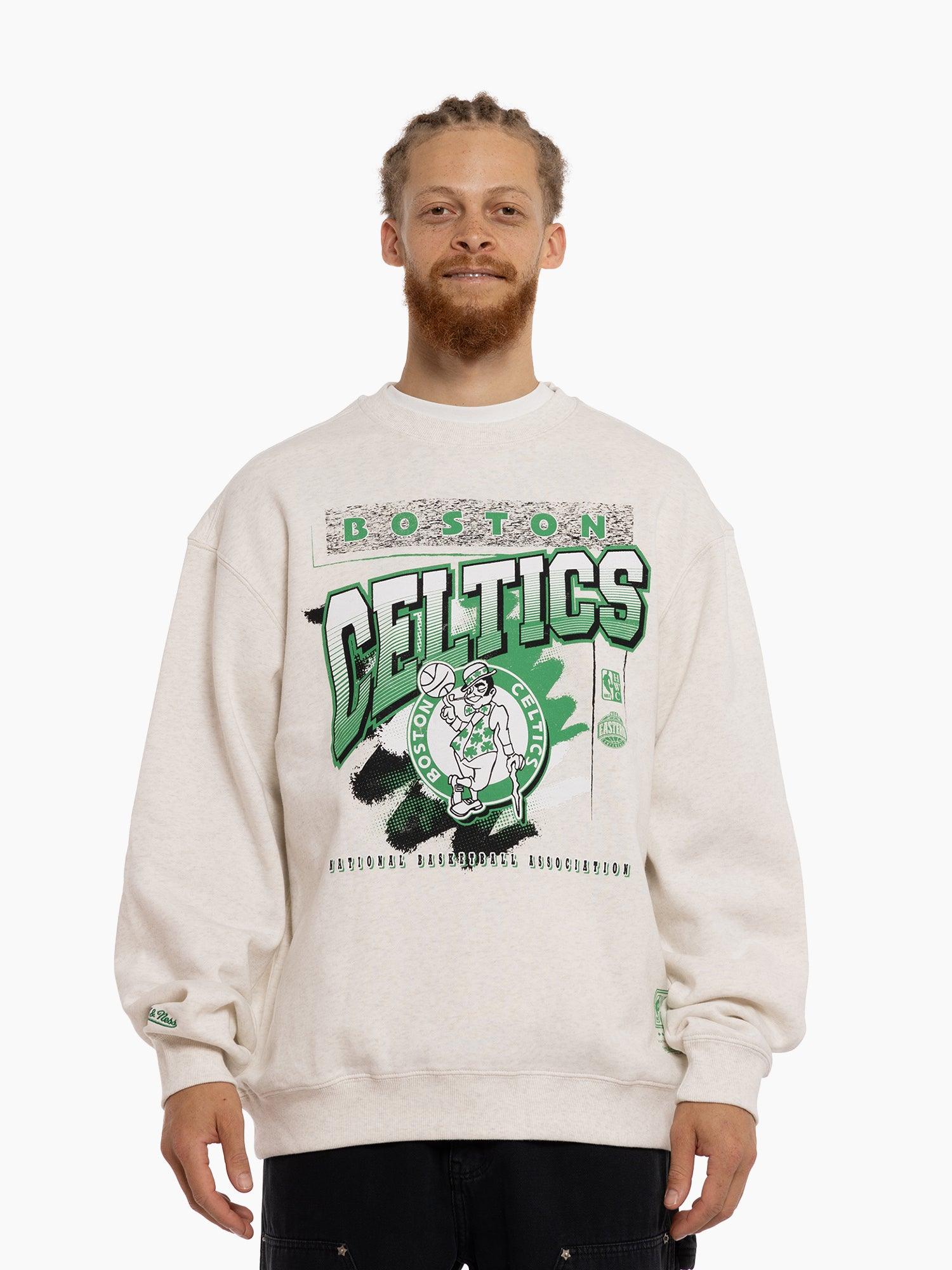 Boston Celtics Mitchell & Ness NBA Brush Off 2.0 Vintage Crew Jumper - White Marle