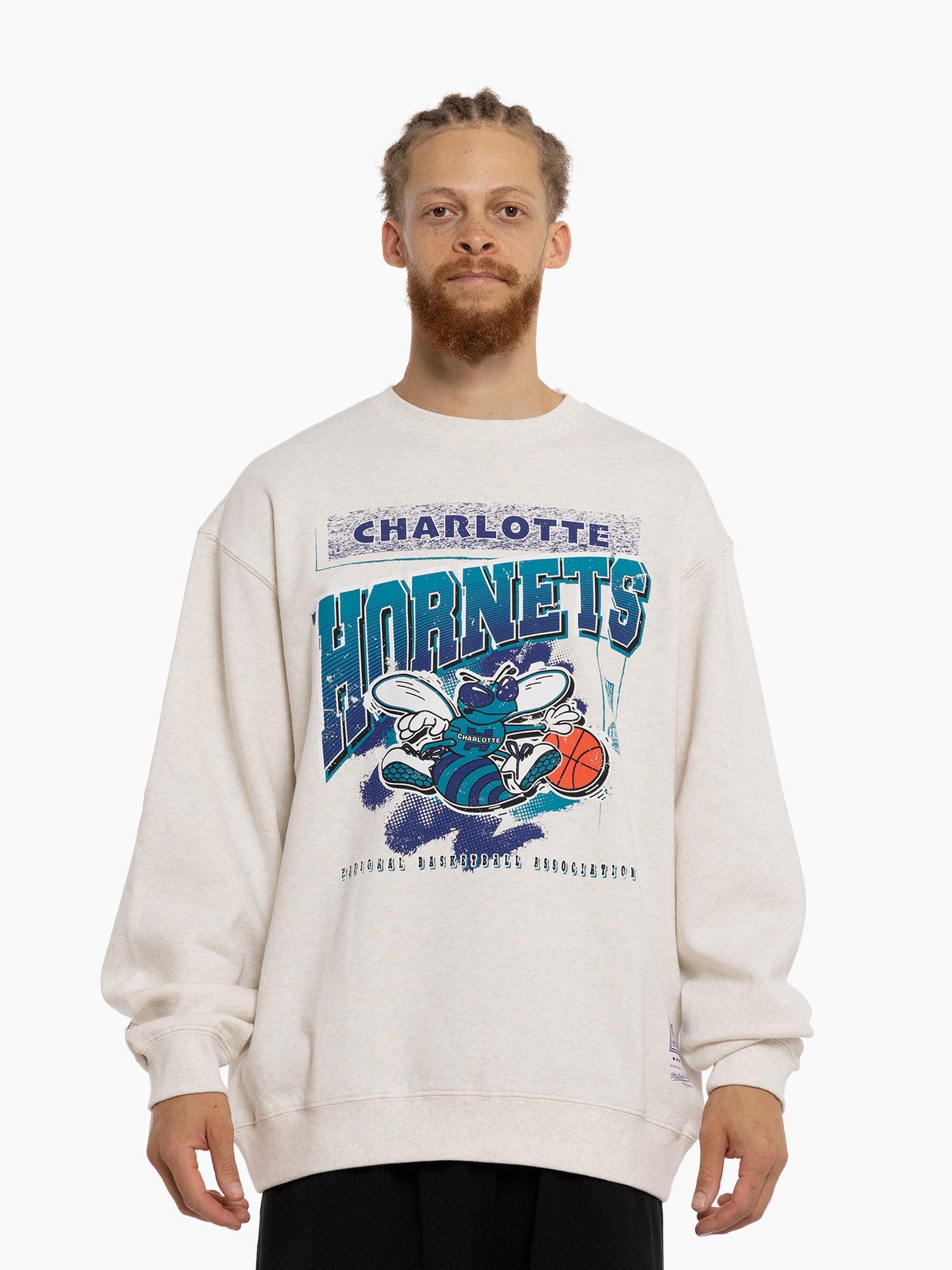 Charlotte Hornets Mitchell & Ness NBA Brush Off 2.0 Vintage Crew Jumper - White Marle