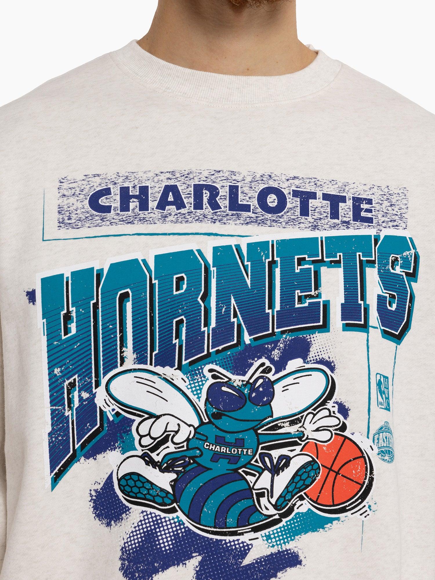 Charlotte Hornets Mitchell & Ness NBA Brush Off 2.0 Vintage Crew Jumper - White Marle