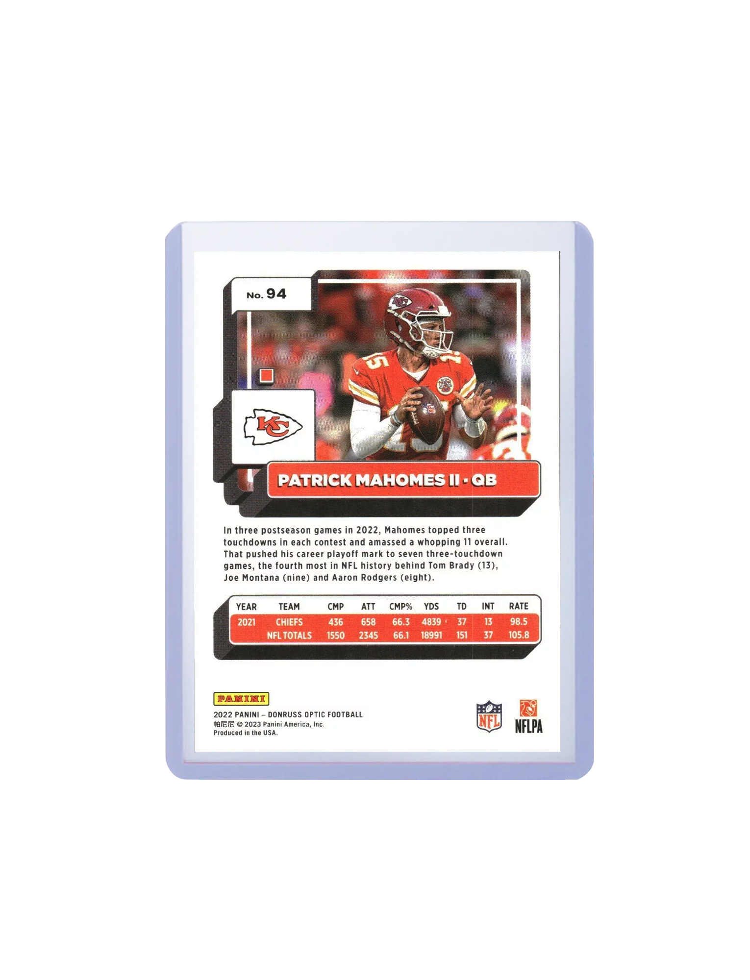 Patrick Mahomes Kansas City Chiefs Panini NFL 22 Optic 94 Base Card