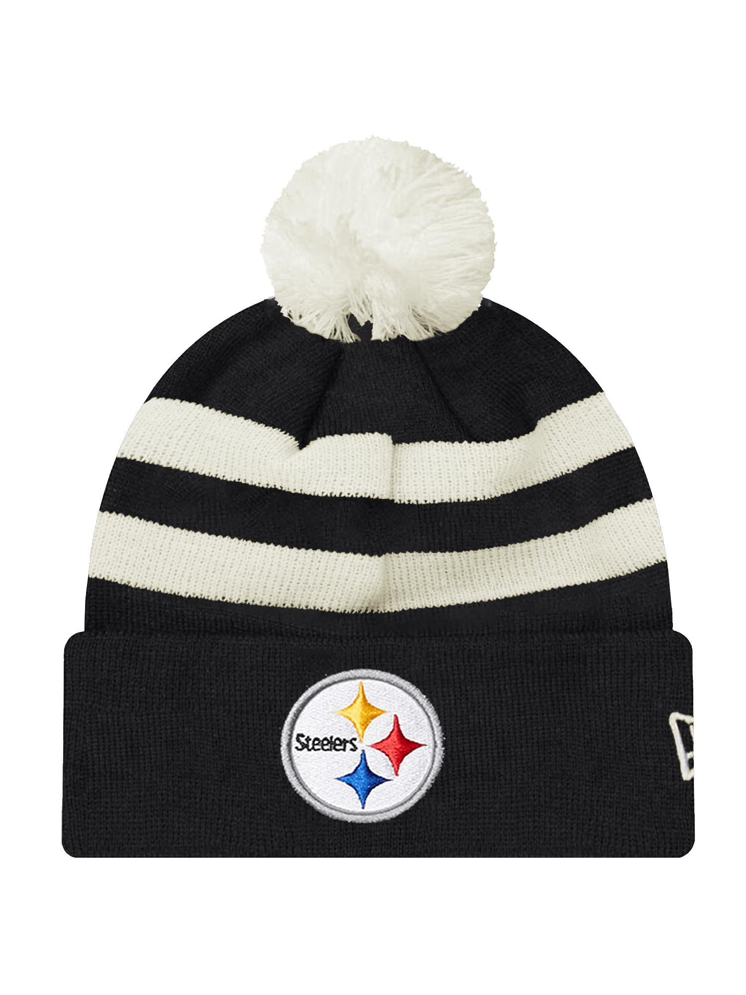 Pittsburgh Steelers New Era NFL Ivory Stripe Pom Knit Beanie - Black