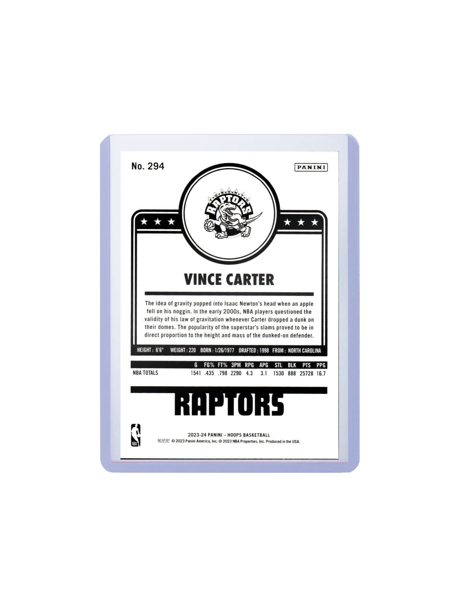 Vince Carter Toronto Raptors Panini NBA 23-24 Hoops Tribute Card