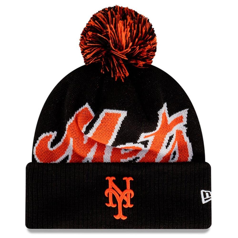 New York Mets New Era MLB Big Script Pom Knit Beanie - Black