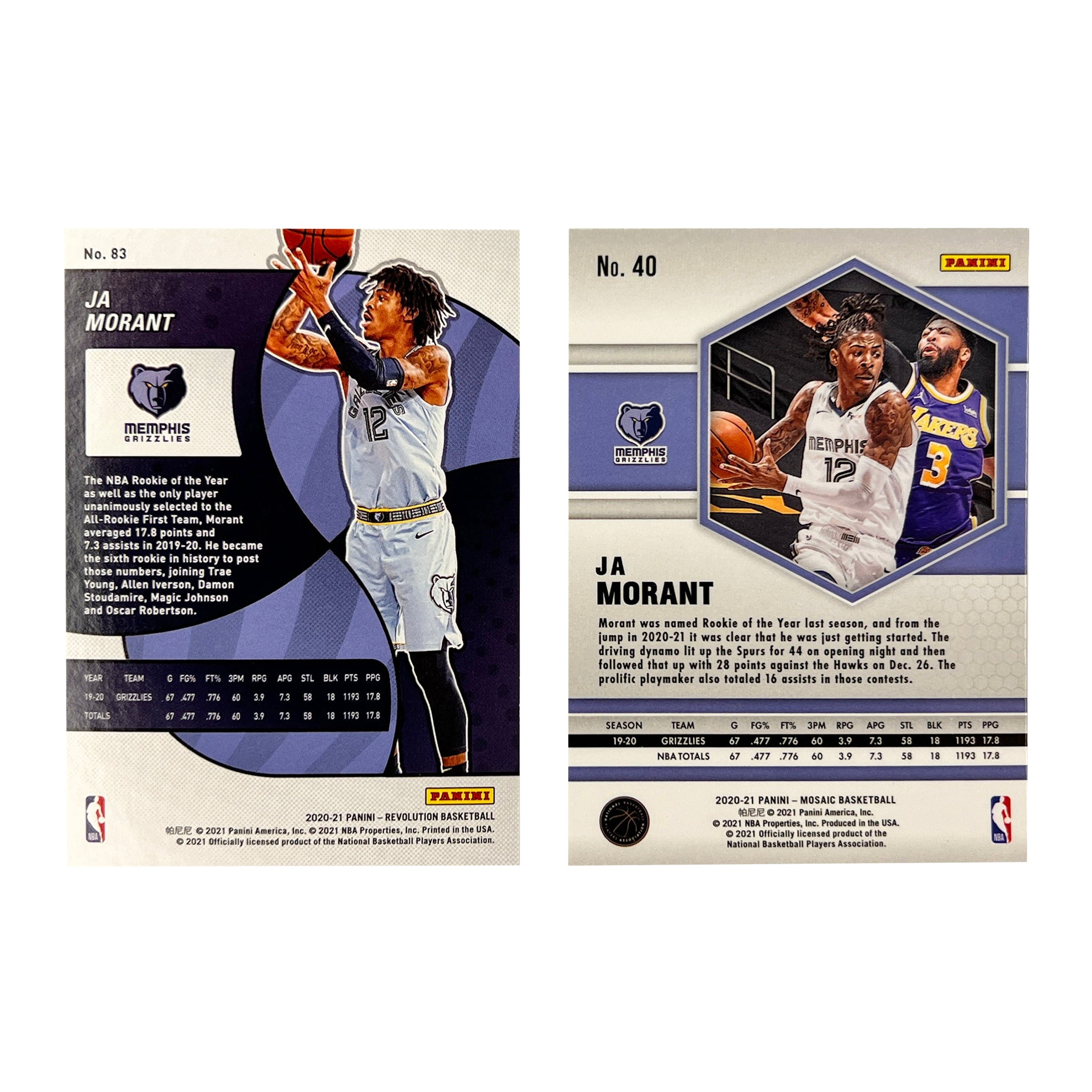 Ja Morant Memphis Grizzlies Panini NBA Revolution/Mosaic 20-21 Base 2 Card Set