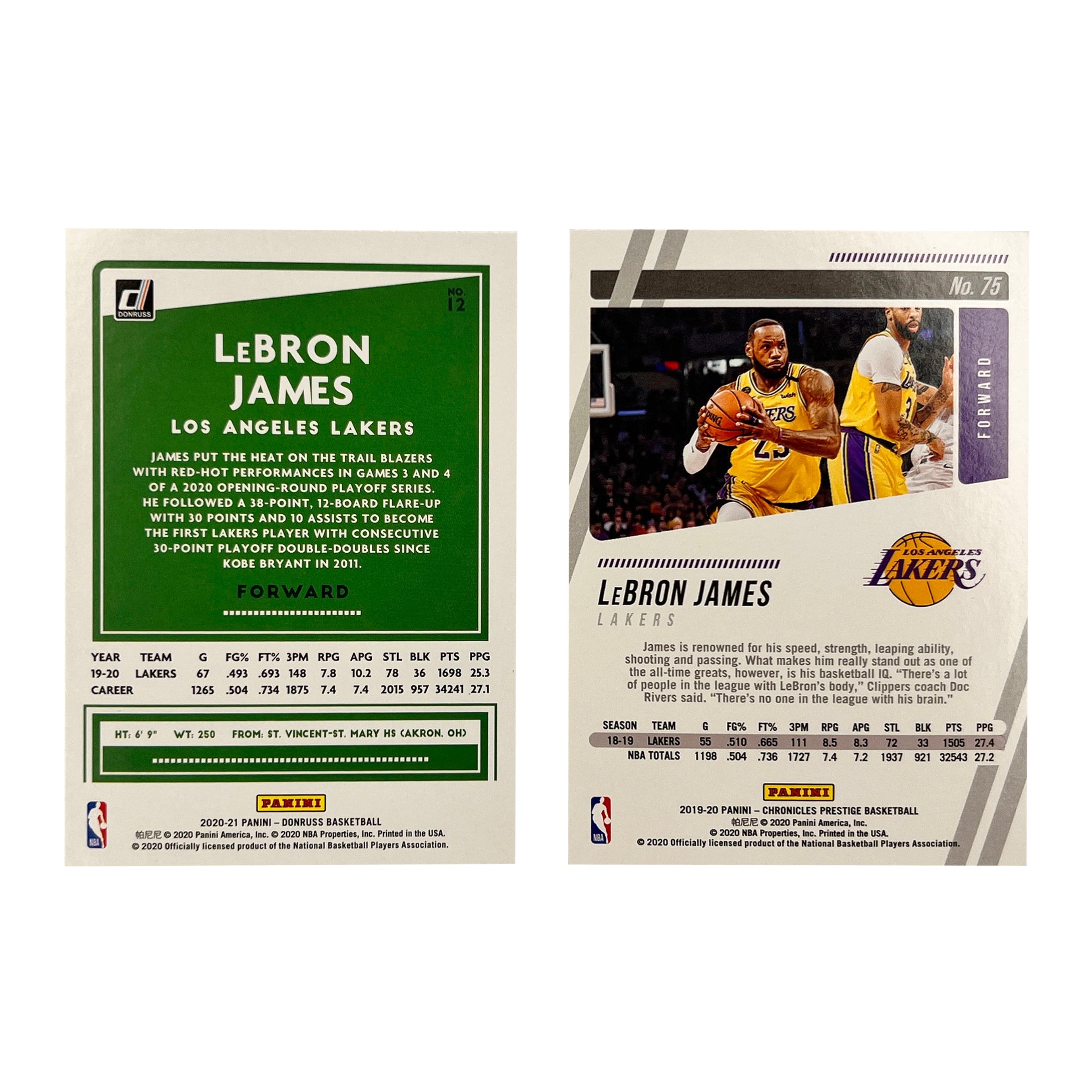 LeBron James Los Angeles Lakers Panini NBA Prestige/Donruss 19-21 2 Card Set