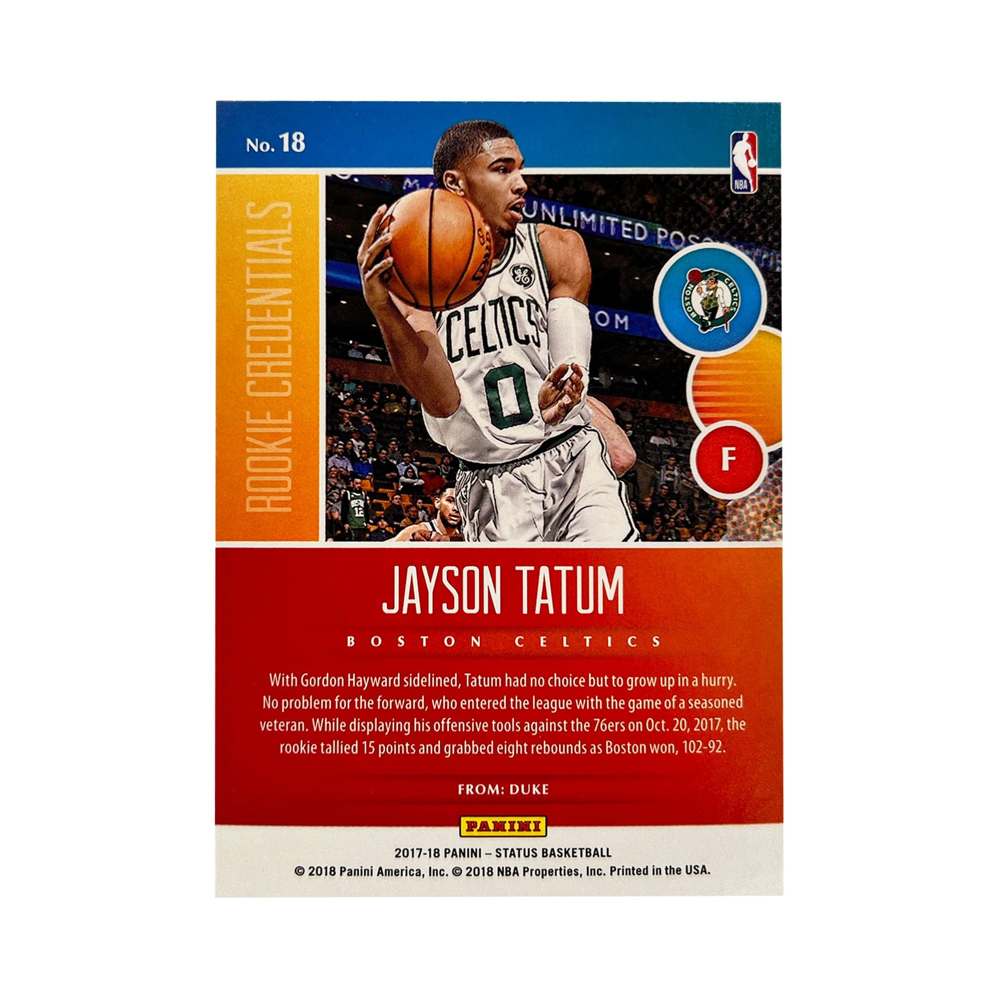 Jayson Tatum Boston Celtics Panini NBA 17-18 Spectra Rookie Credentials Card