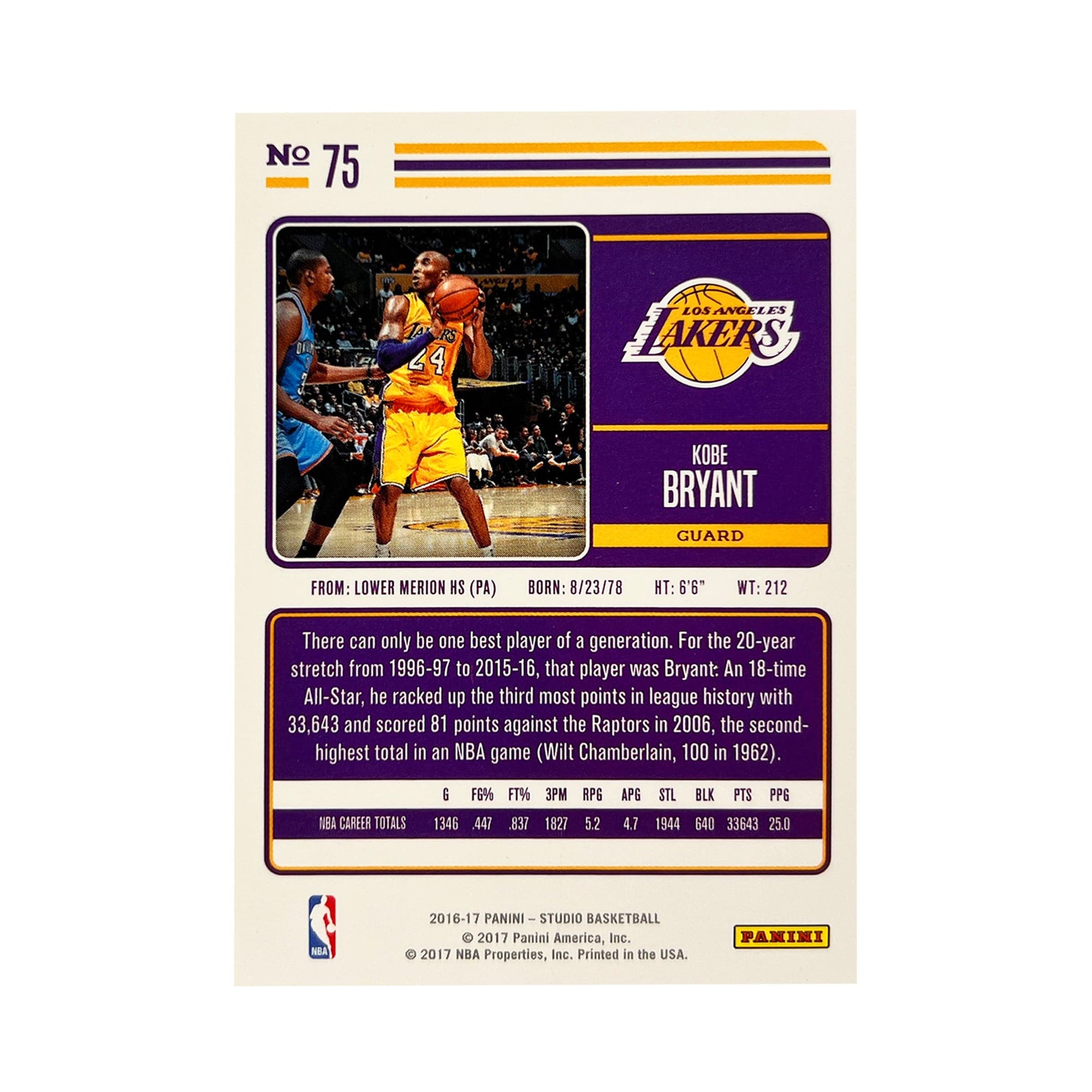 Kobe Bryant Los Angeles Lakers Panini NBA 16-17 Studio Basketball #75 Card