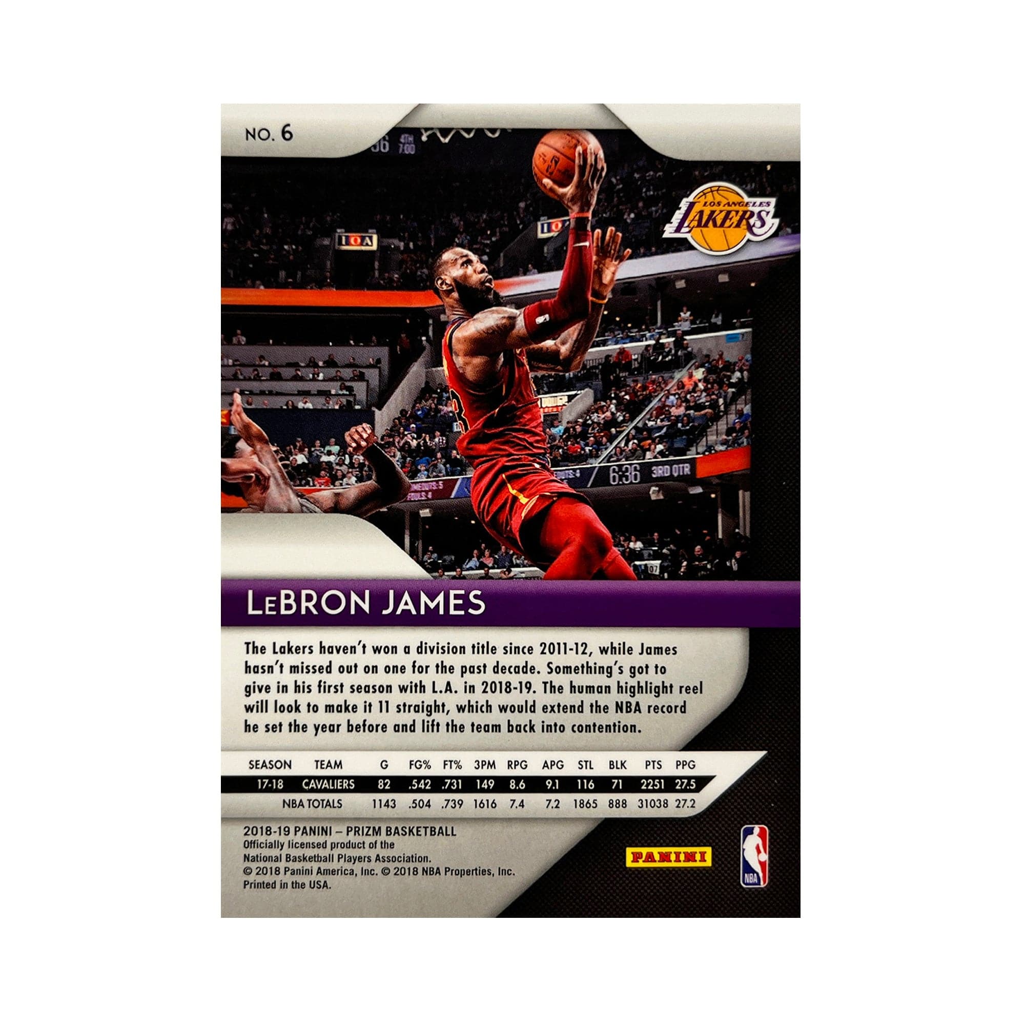 LeBron James Cleveland Cavaliers Panini NBA 18-19 Prizm Base #6 Card