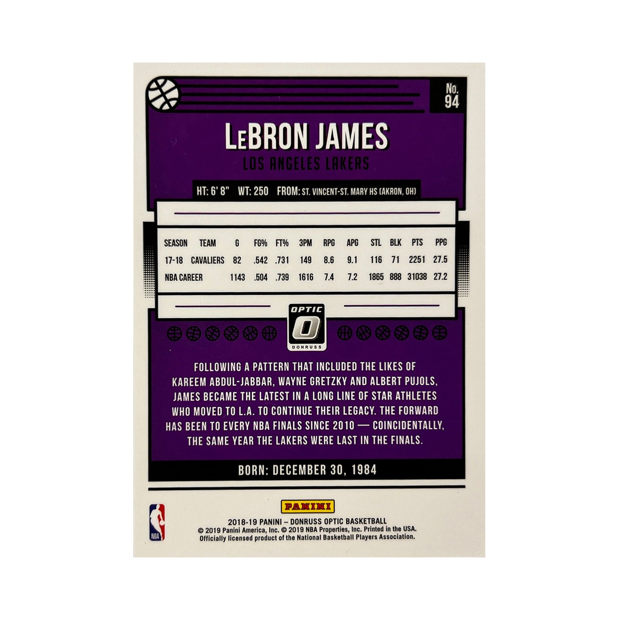 LeBron James Los Angeles Lakers Panini NBA 18-19 Optic Base #94 Card