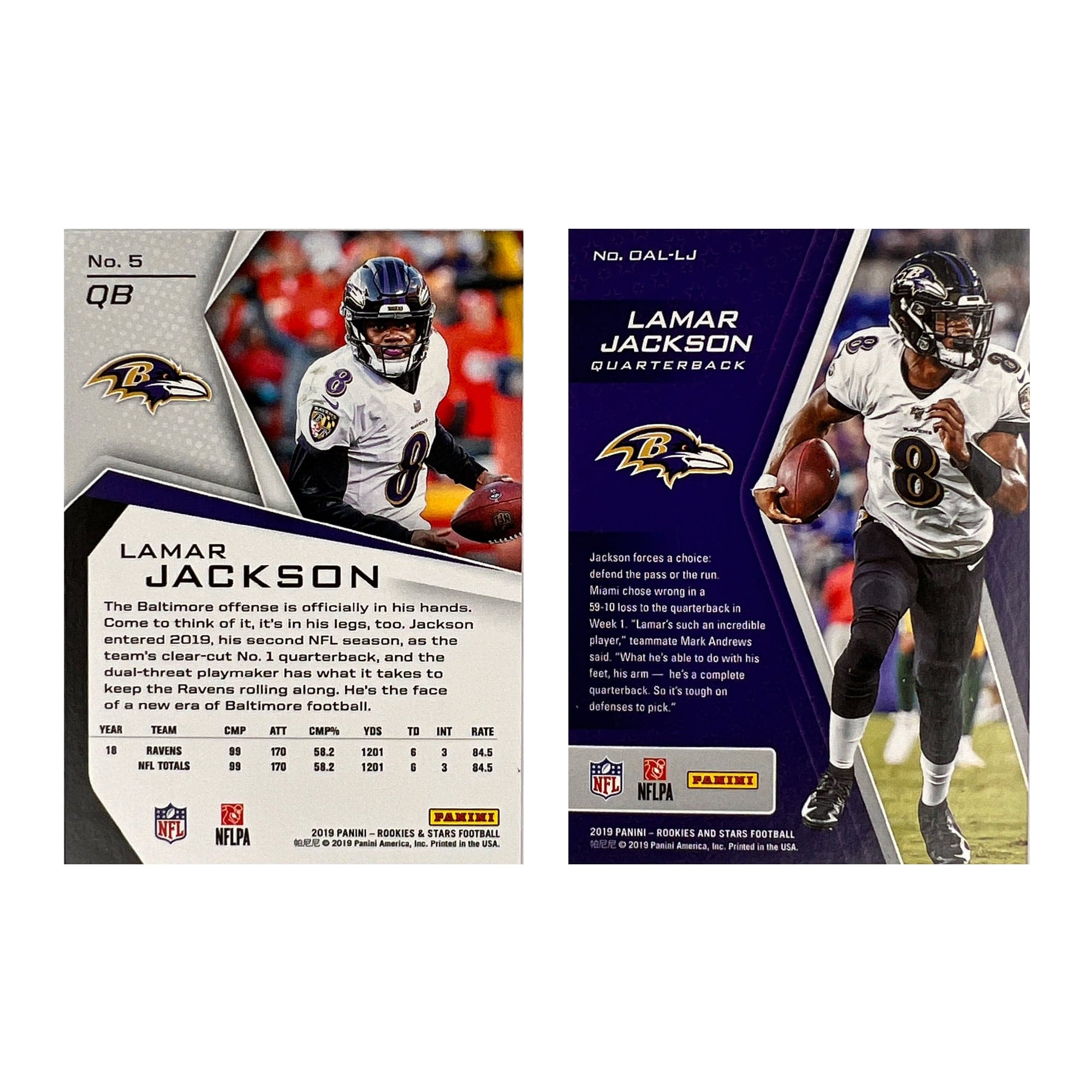 Lamar Jackson Baltimore Ravens Panini NFL 2019 Rookies & Stars 2 Card Set