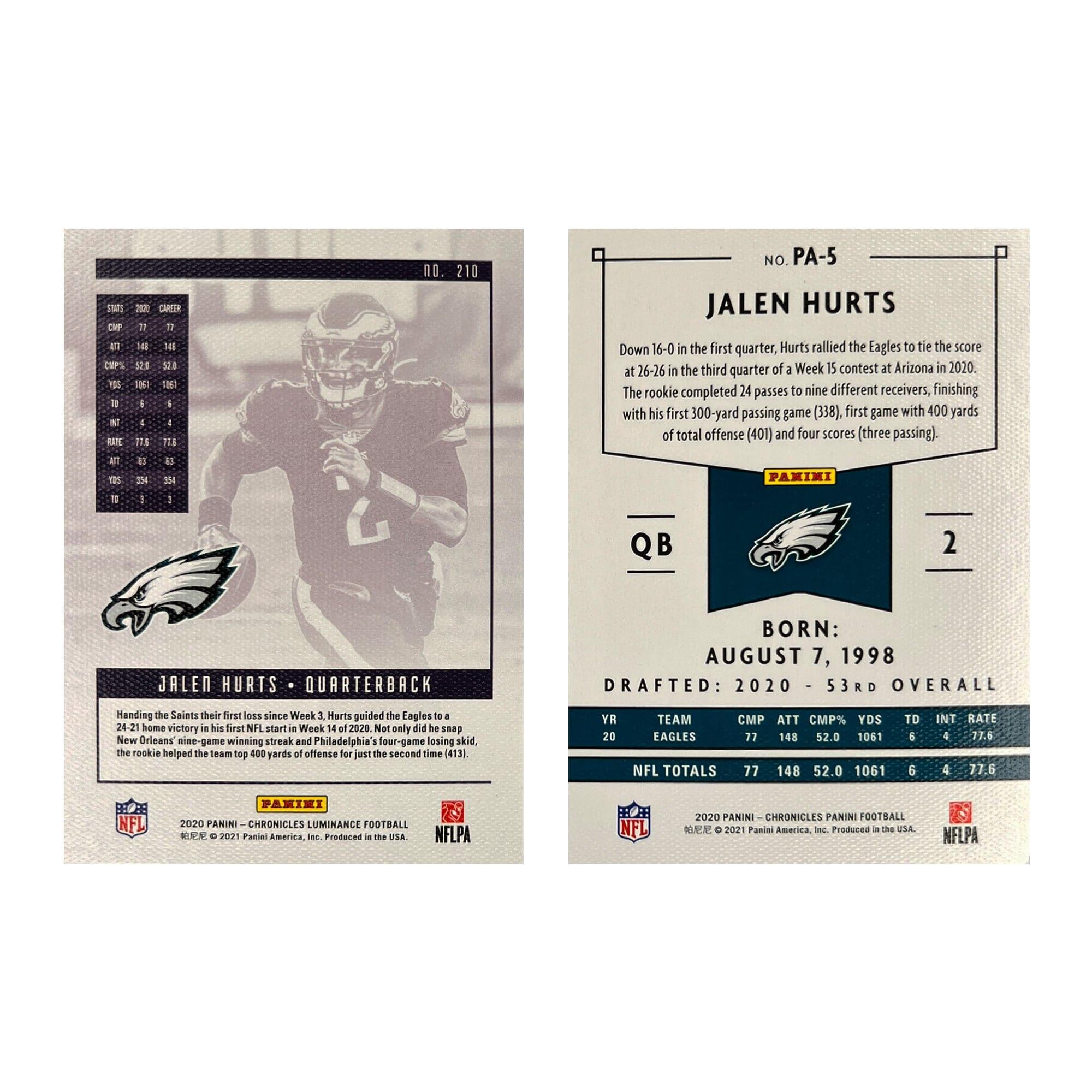 Jalen Hurts Philadelphia Eagles Panini NFL 20-21 Chronicles Rookie 2 Card Set