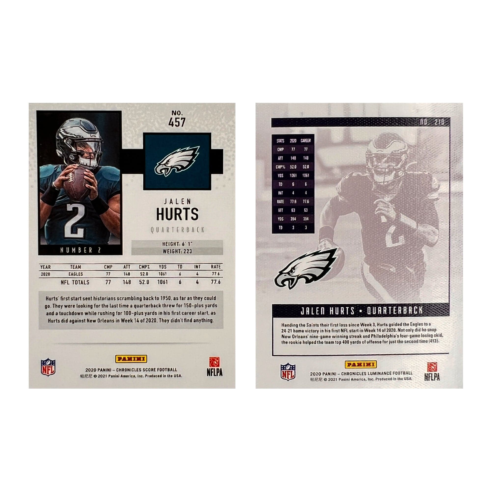 Jalen Hurts Philadelphia Eagles Panini NFL 20-21 Score/Luminance Rookie 2 Card Set