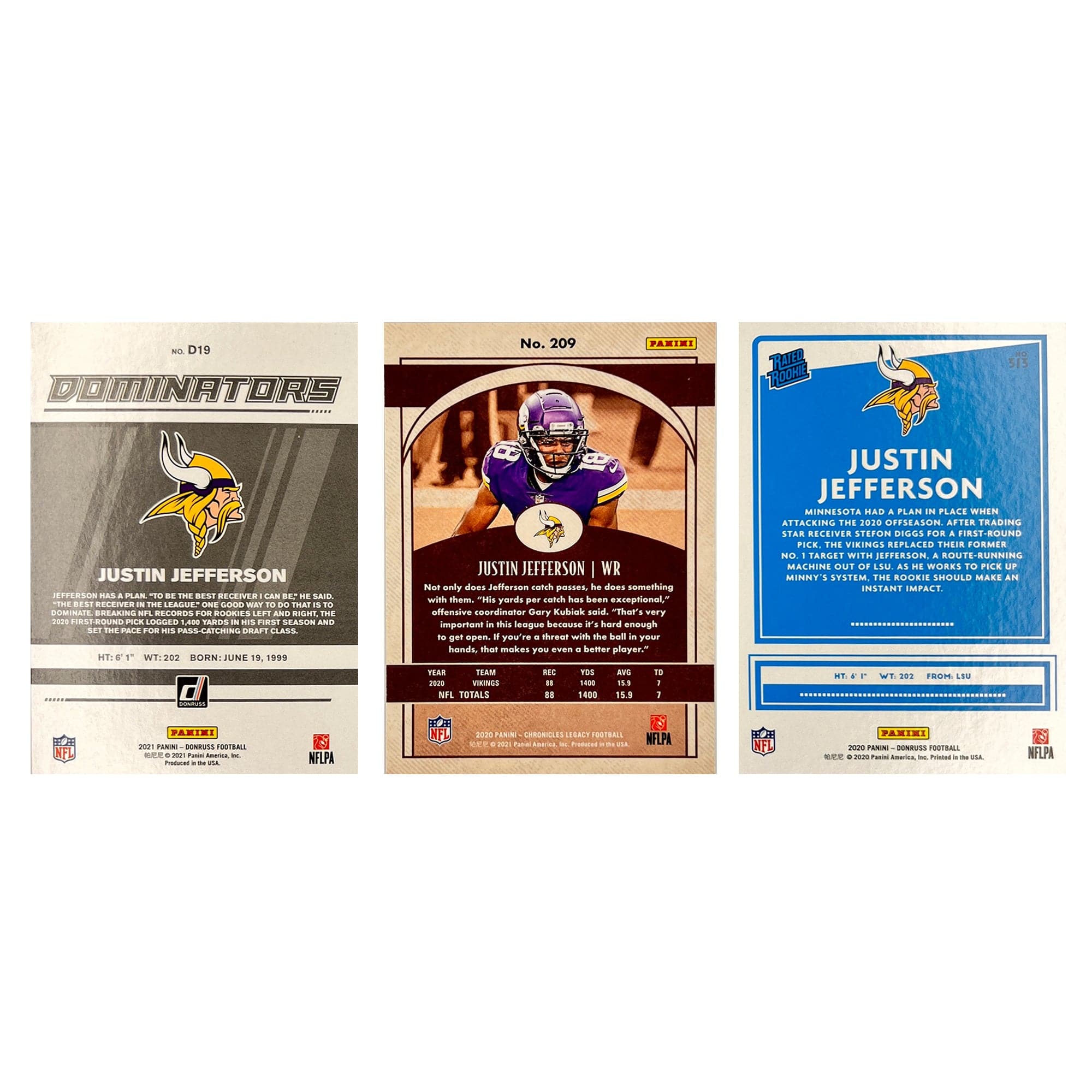 Justin Jefferson Minnesota Vikings Panini NFL Rookie 3 Card Set