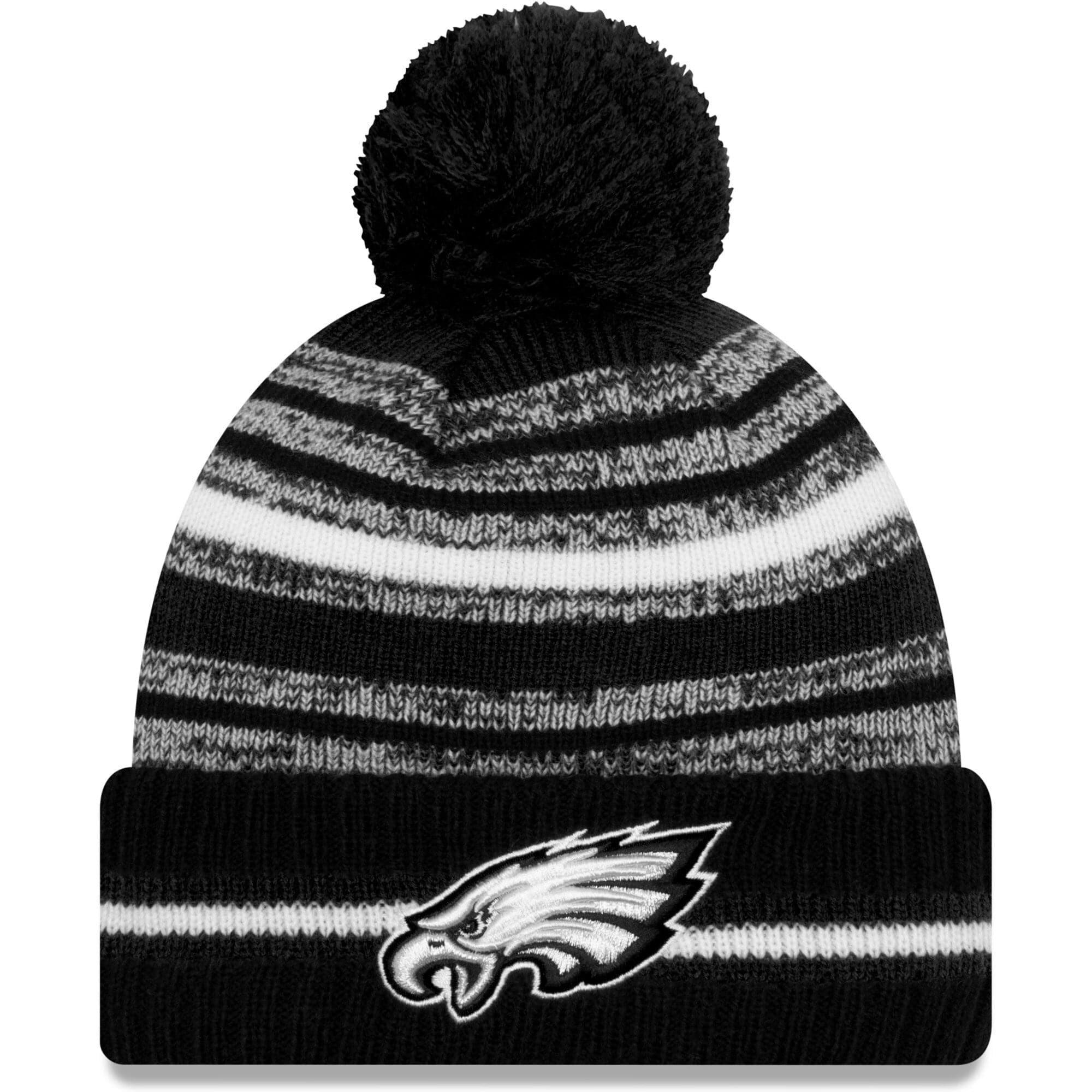 Philadelphia Eagles New Era NFL 2021 Sideline Black & White Pom Knit Beanie - Black